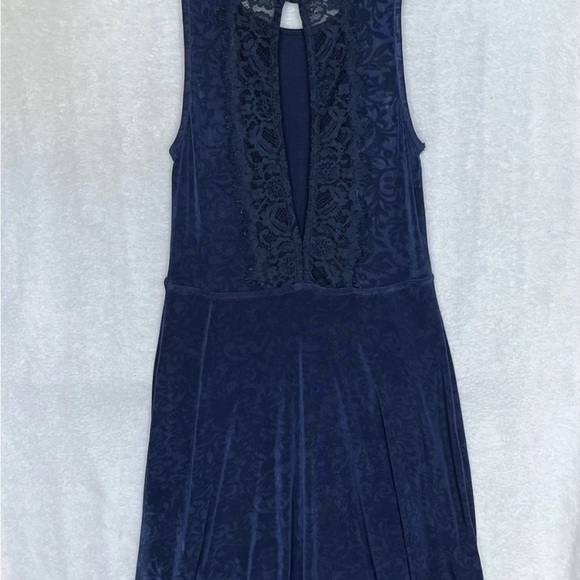 Free People Blue Boho Lady Jane Lace Trim Keyhole Skater XS Mini Dress EUC - Picture 12 of 12